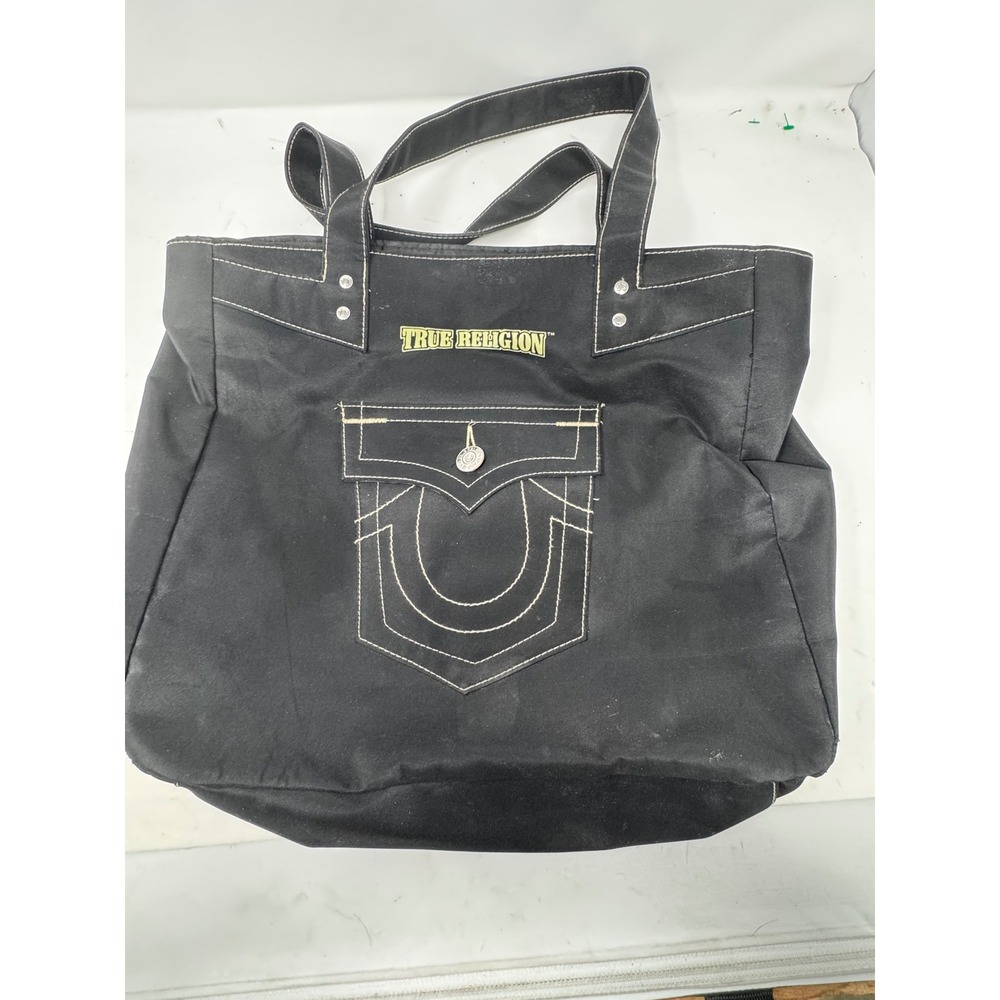 True Religion Black Canvas Tote‎ Bag Large With Front Pocket